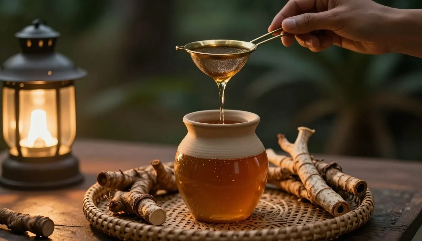Bandung herbal workshop measuring glass at dusk