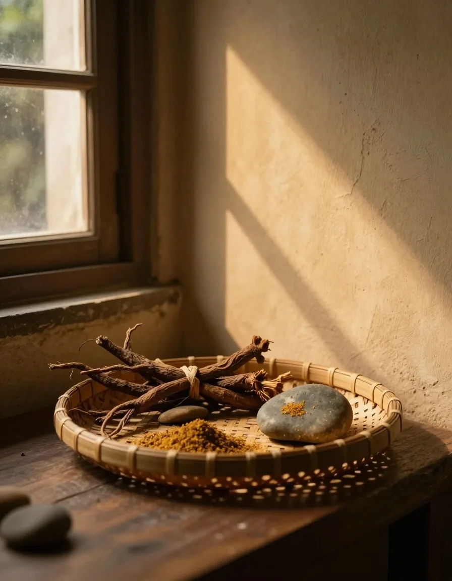 Dried botanicals on a workshop bench