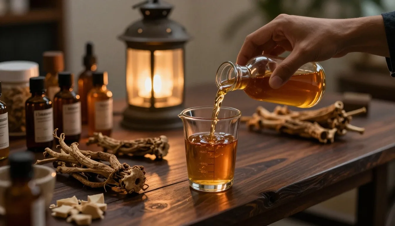 Bandung jamu workshop at dusk with amber apothecary measuring glass