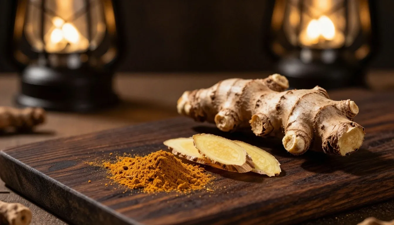 Dried temulawak root and ginger in macro on a workshop bench