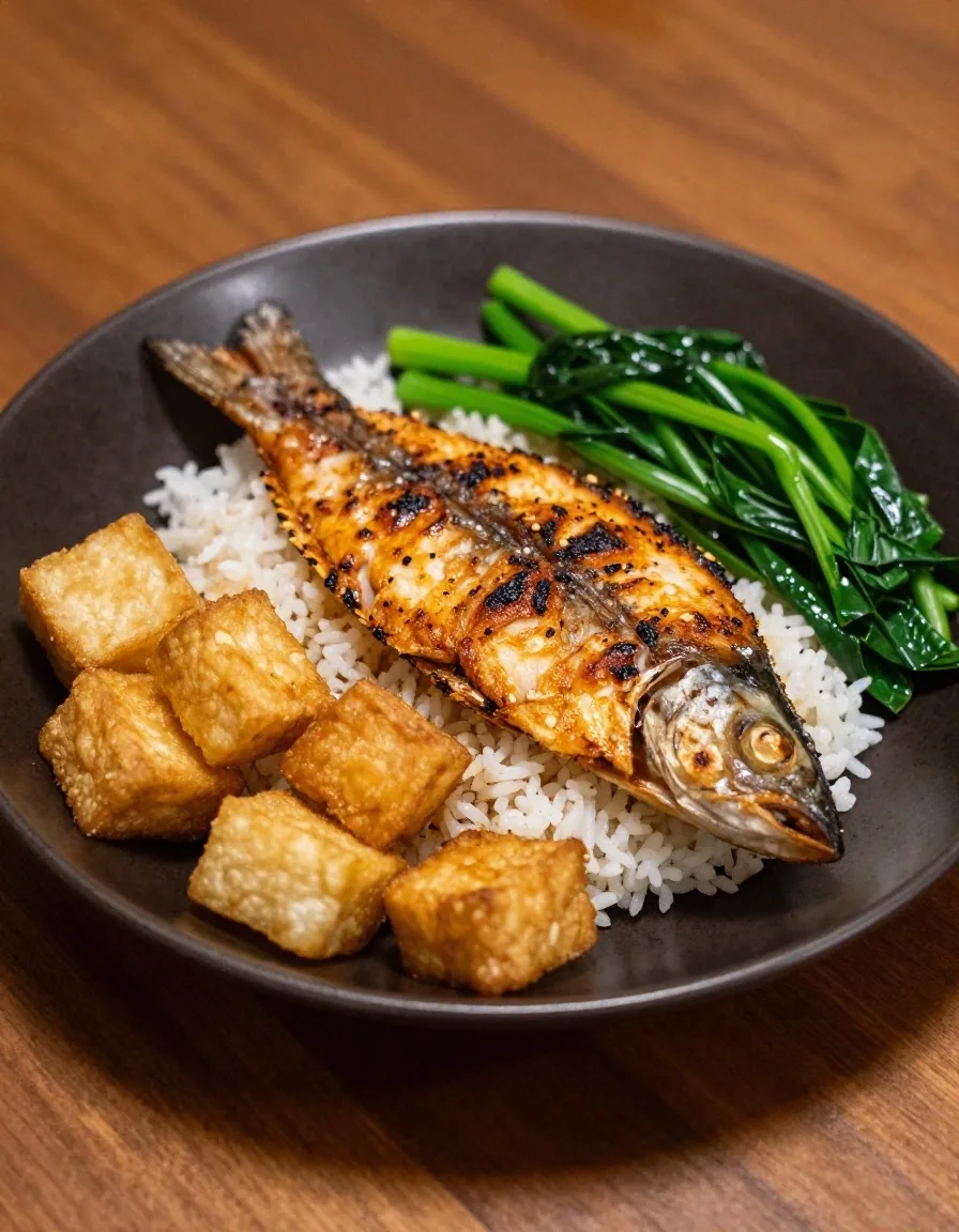 Grilled fish with rice, tempeh, and vegetables