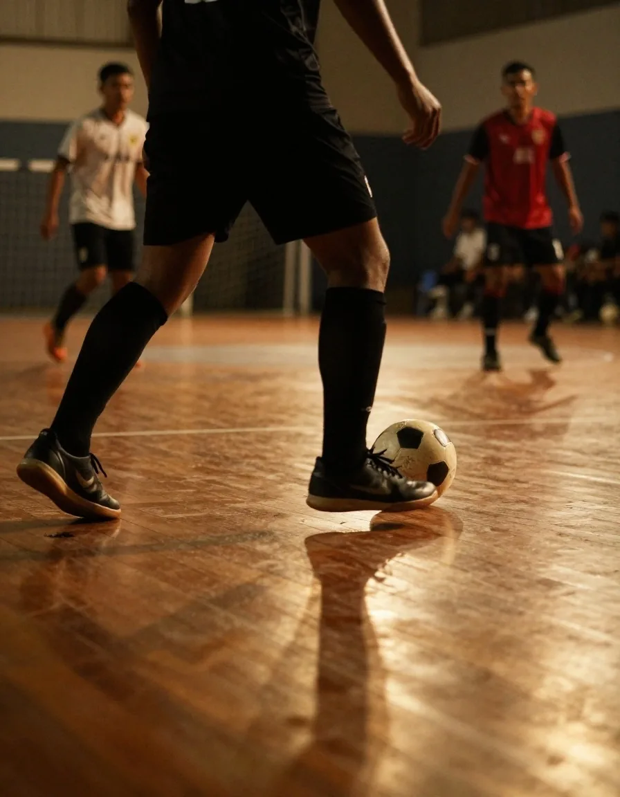 Men playing futsal indoors