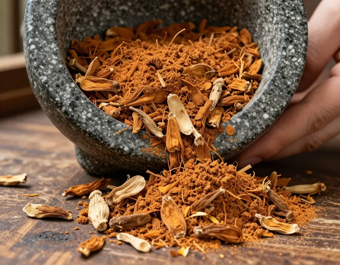 Ashwagandha root powder in a dark ceramic mortar