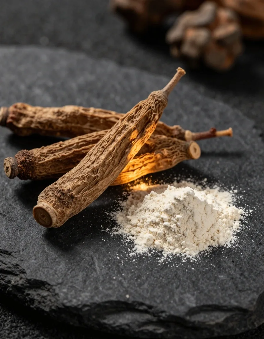 Dried maca root and powder on a dark stone surface