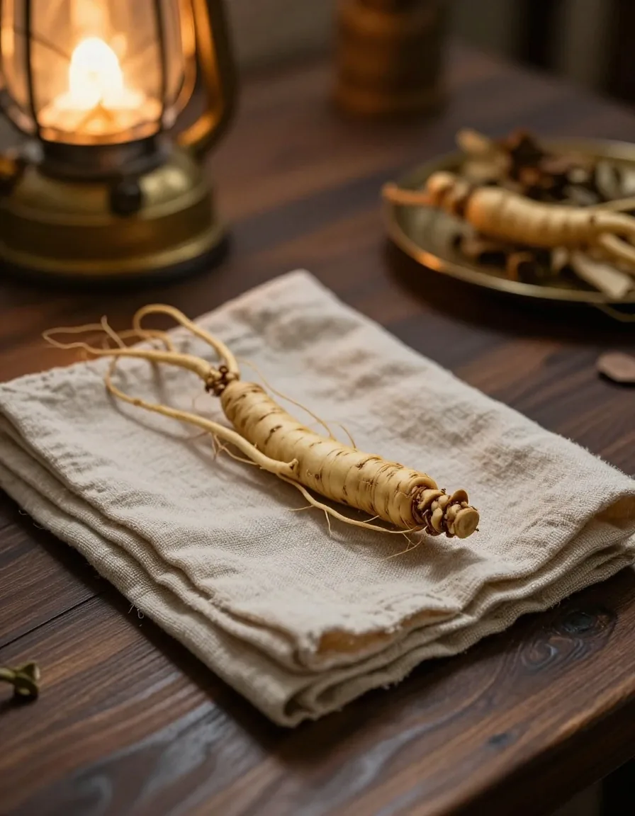 Dried ginseng roots on a dark wooden apothecary bench