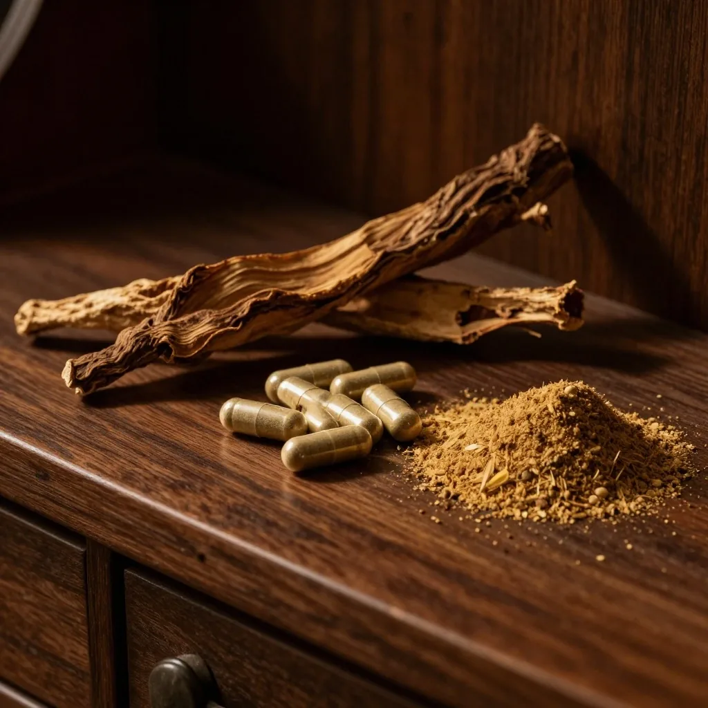 Natural herbal capsules on a dark wooden apothecary bench