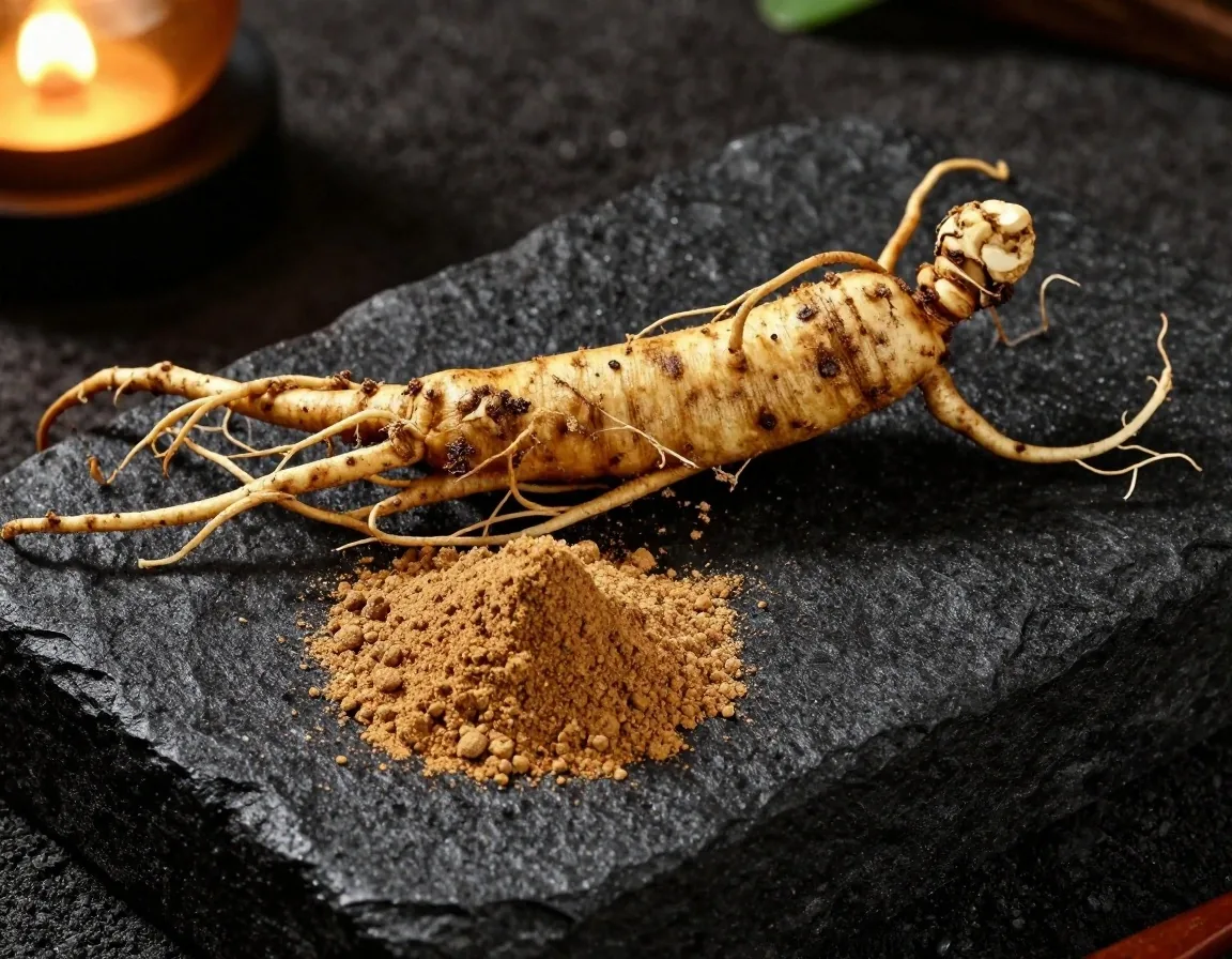 Ginseng and maca root on a dark surface