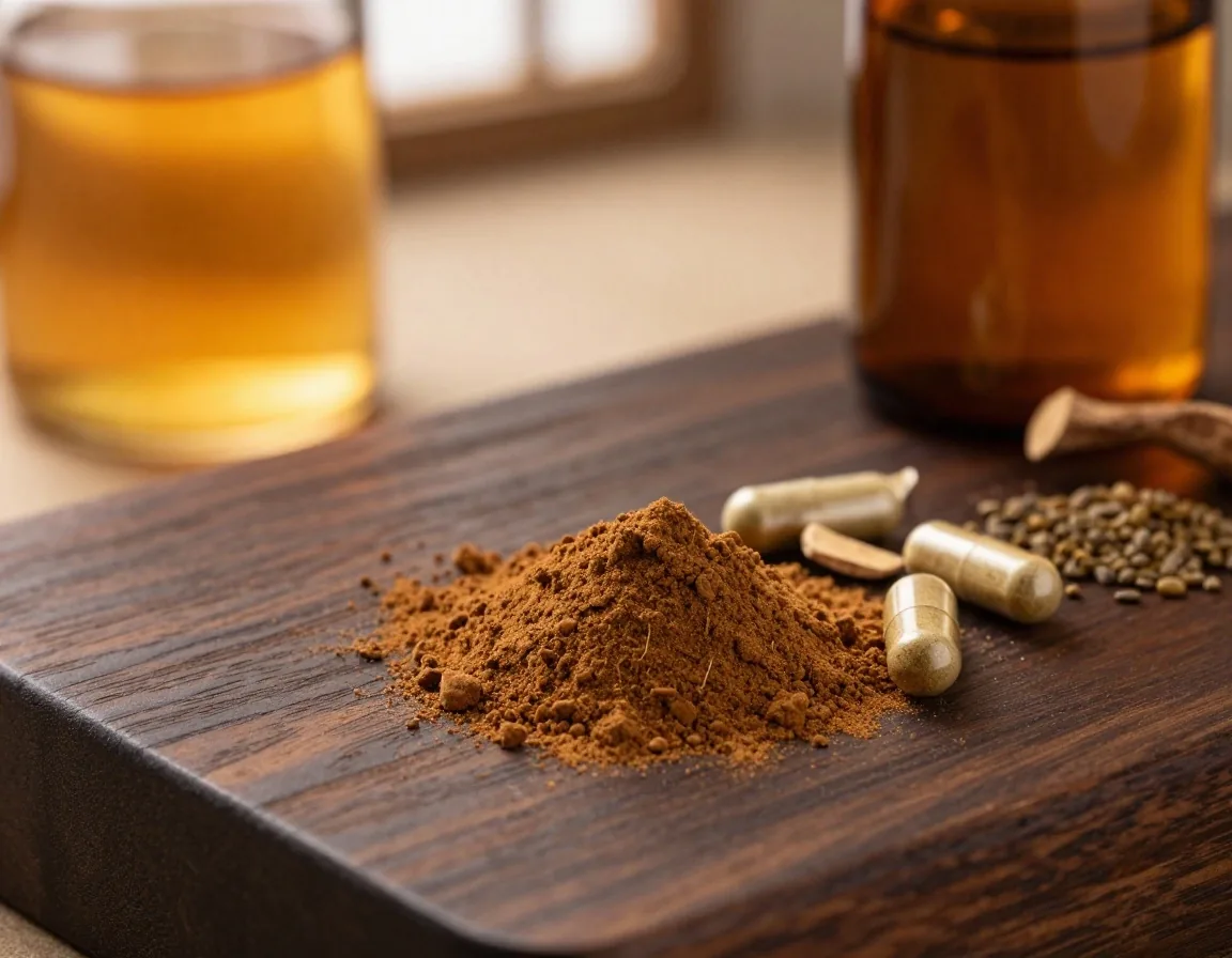 Herbal capsules on a wooden bench