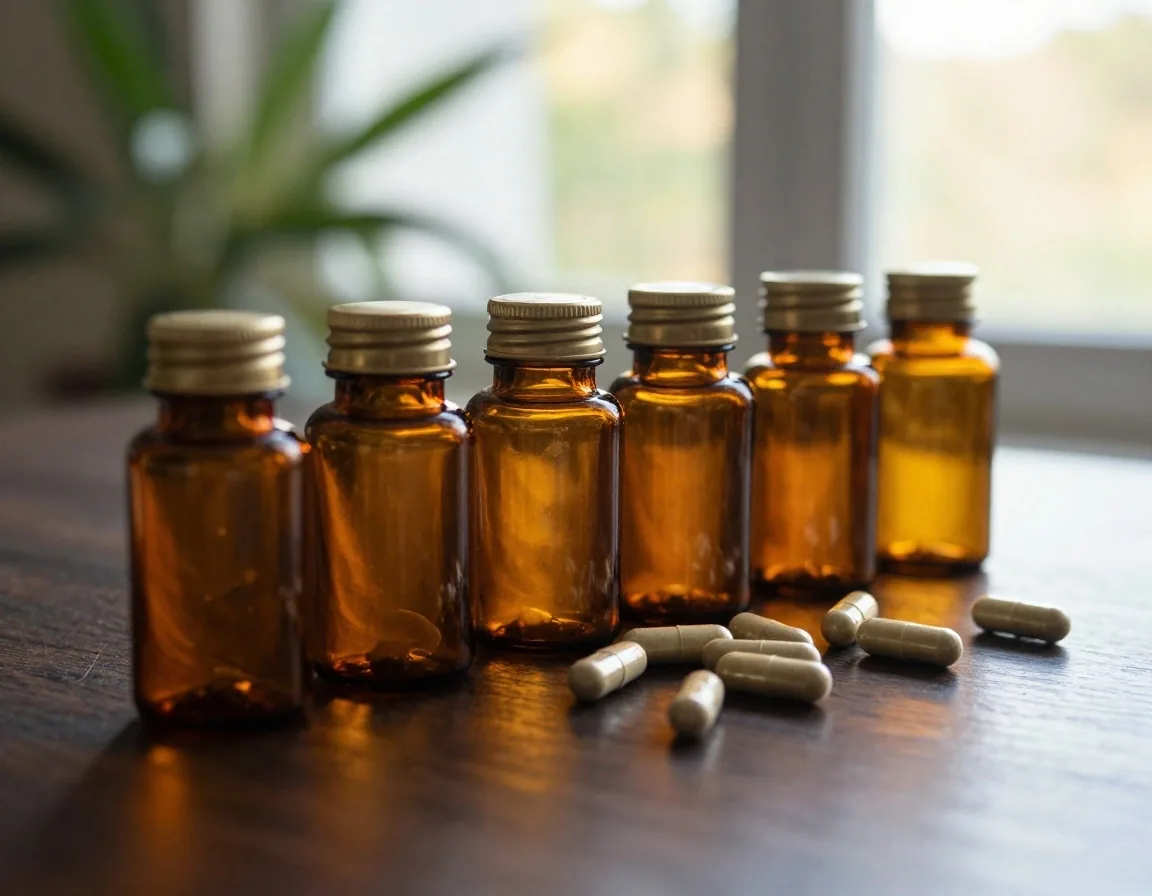 Vitamin capsules and mineral tablets on a dark surface