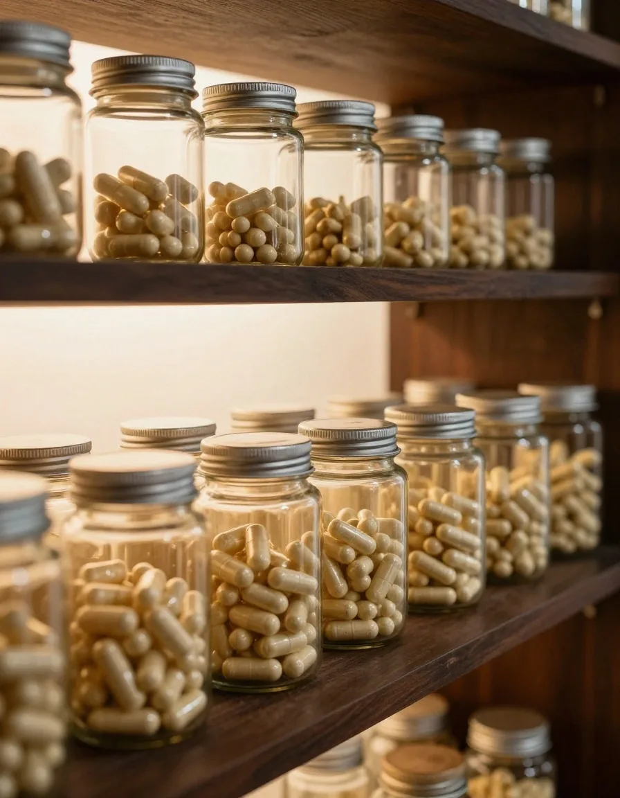 Amber glass jars of vitamin capsules on a dark wood shelf