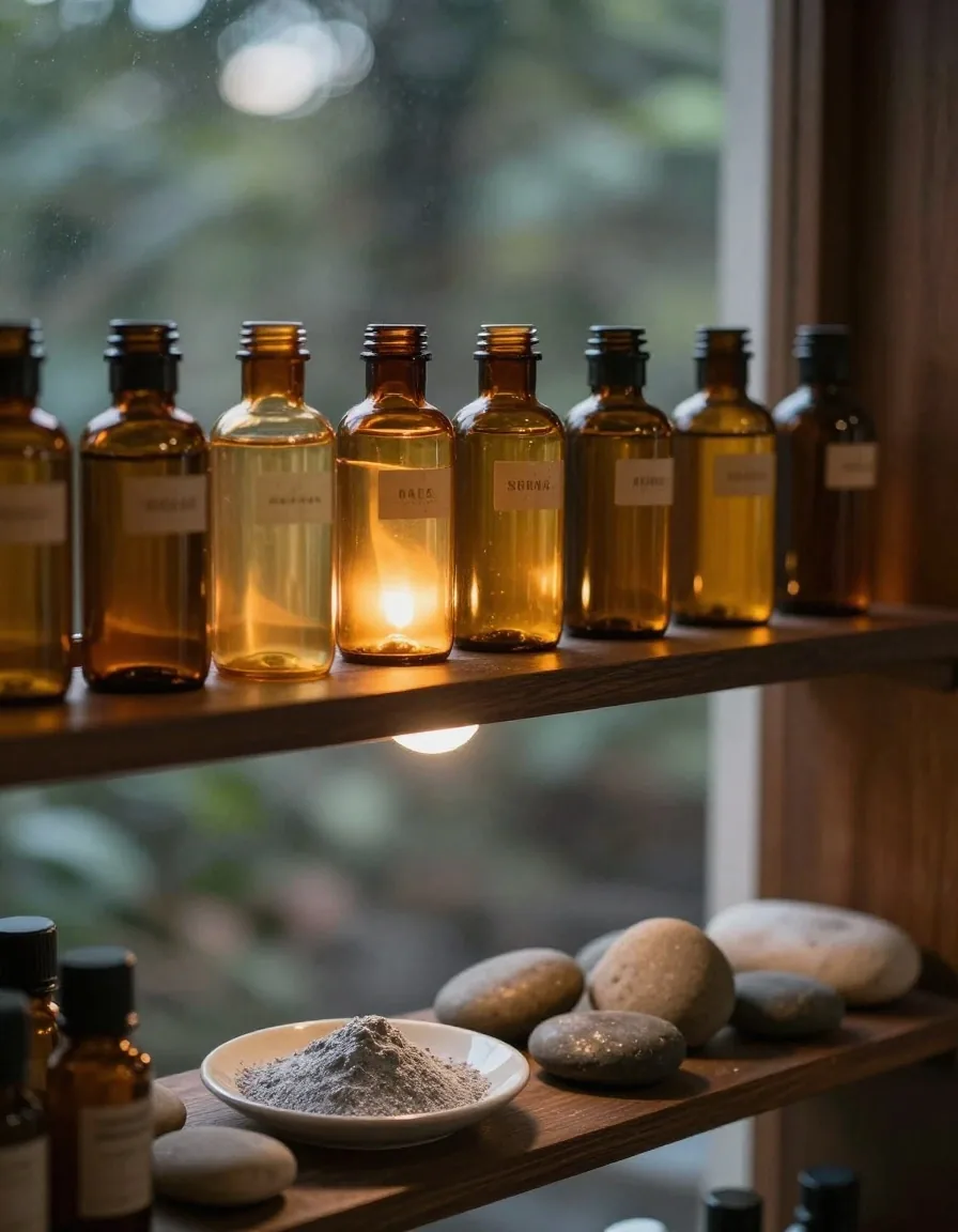 Amber glass bottles of mineral supplements on a dark shelf