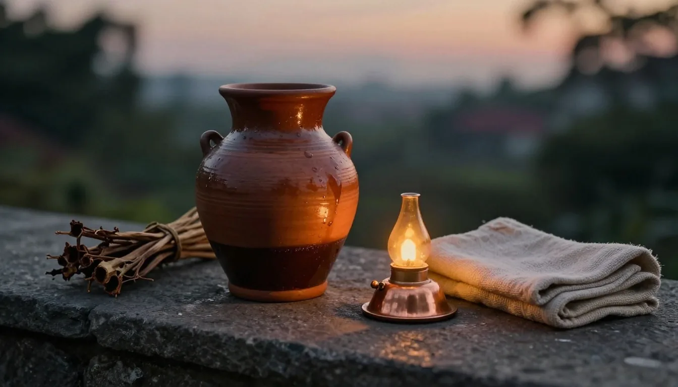 Bandung herbal apothecary workshop at dusk with measuring glass and botanicals