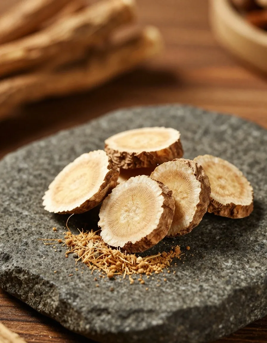 Dried tongkat ali and maca root on a stone mortar