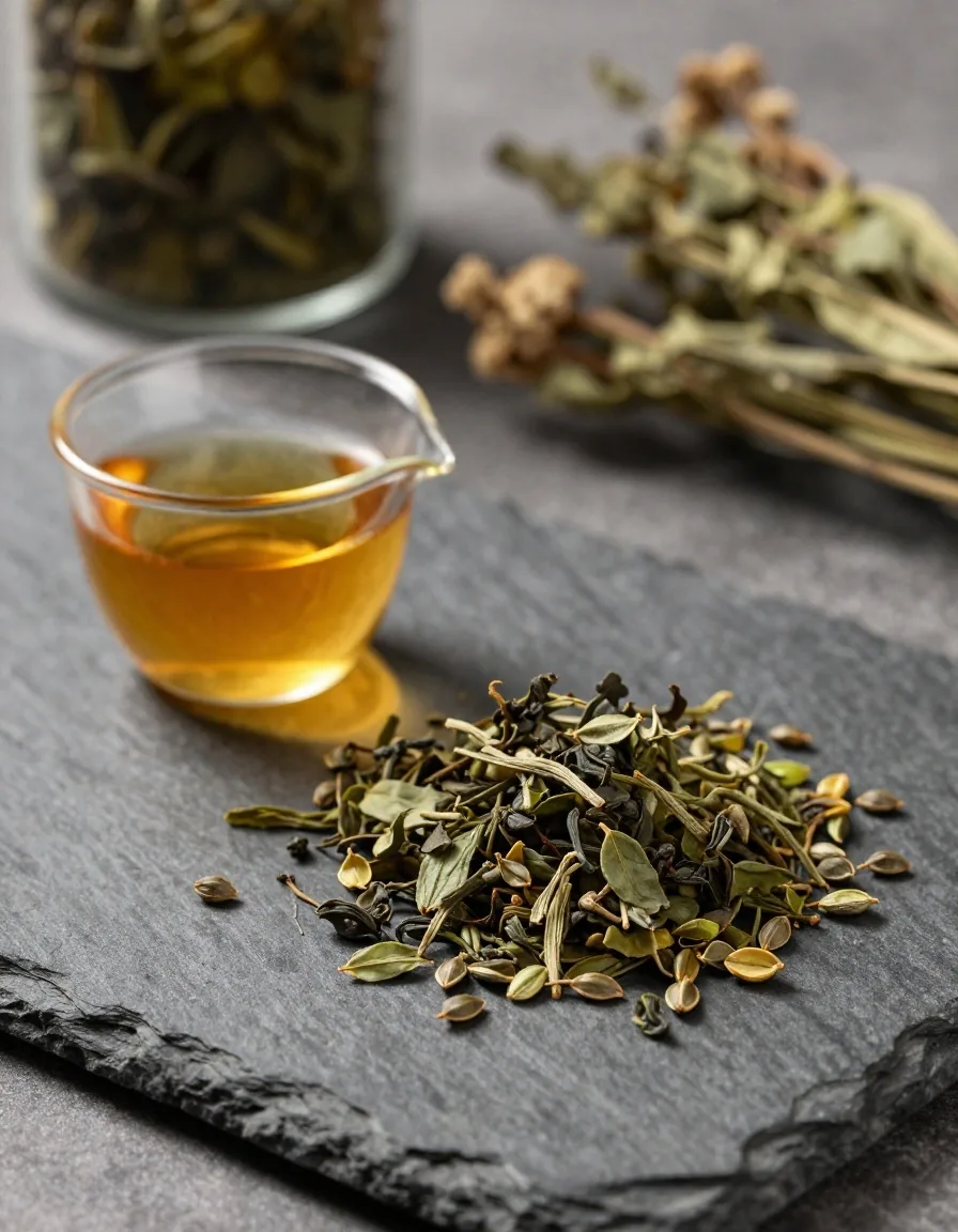 Green tea leaves and guarana seeds on a dark apothecary bench