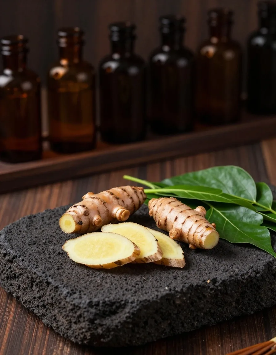 Turmeric, ginger, and moringa on a stone surface
