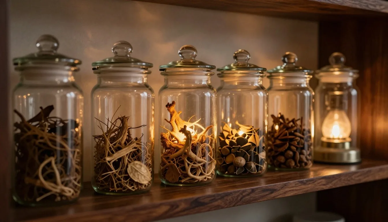 Amber apothecary jars with dried botanicals on a workshop shelf