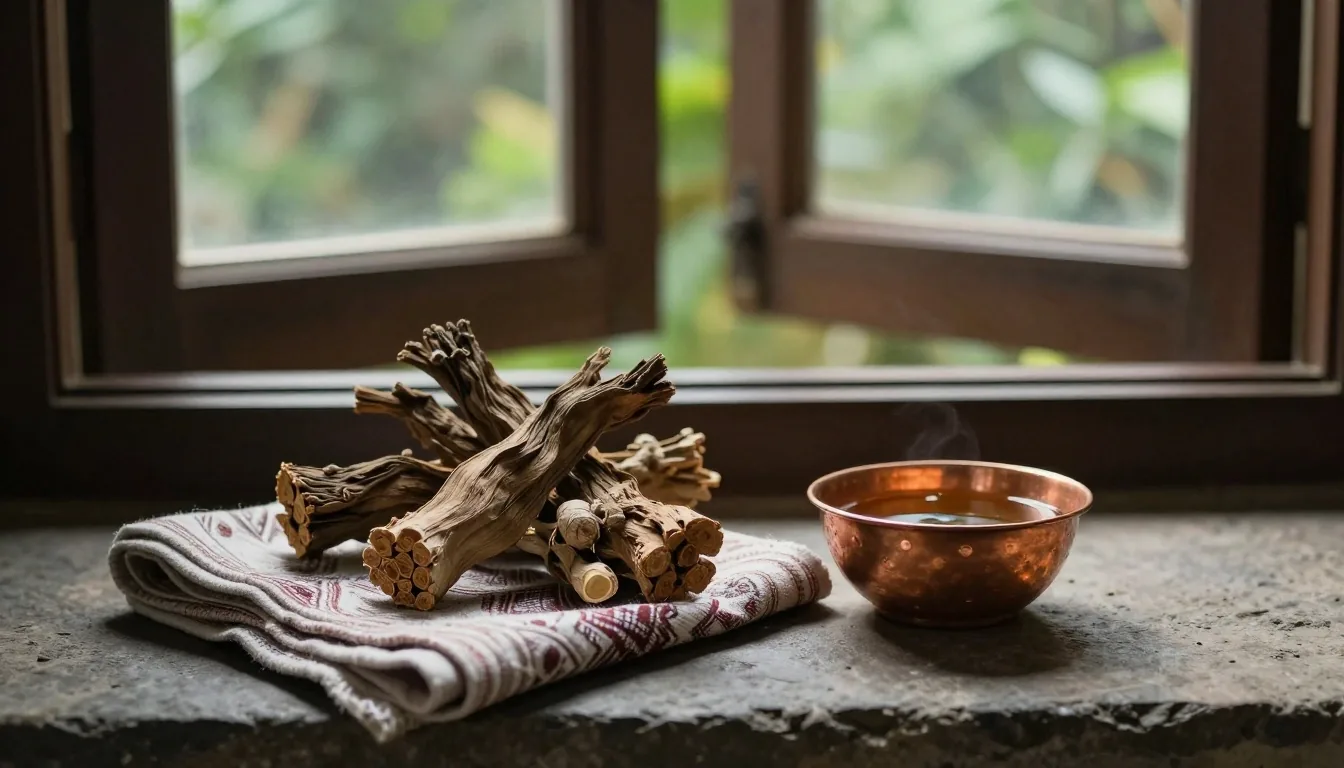 Bandung herbal workshop bench with measuring glass and dried botanicals