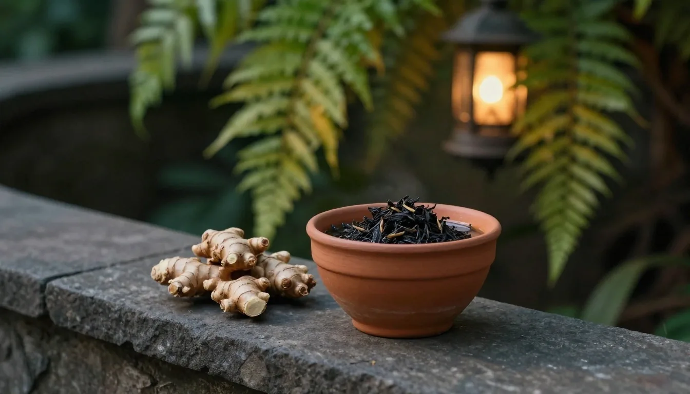Bandung herbal workshop at dusk with amber apothecary glass and measuring tools