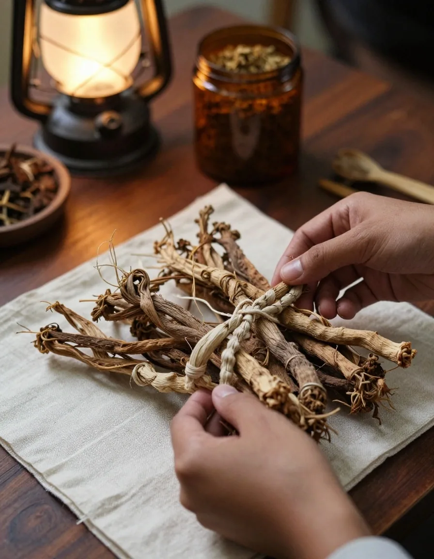 Herbalist measuring dried botanicals into an amber jar